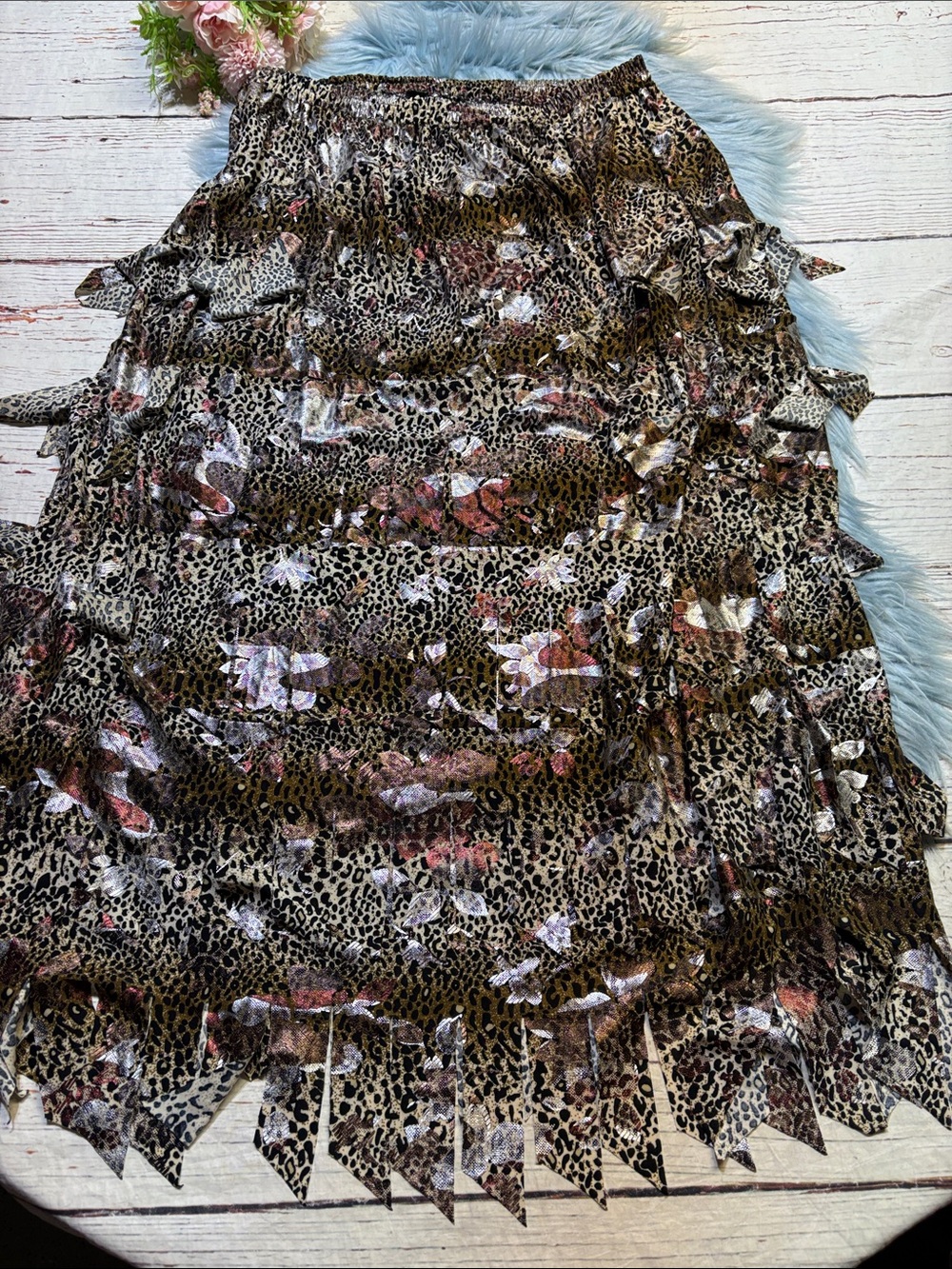Vintage Leopard Tiered Fringe Midi Skirt - Brown Sz 4XL